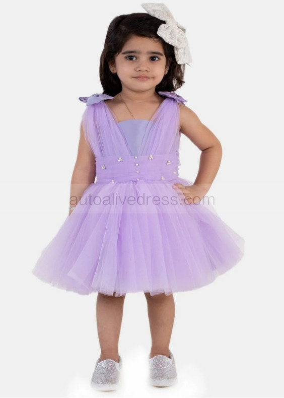 Lavender Tulle Pearls Embellished Knee Length Flower Girl Dress